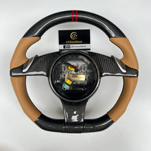 Load image into Gallery viewer, CCexcellent For Porsche Boxster models 2013 2014 2015 2016 carbon steering wheel with brown perforated leather sides