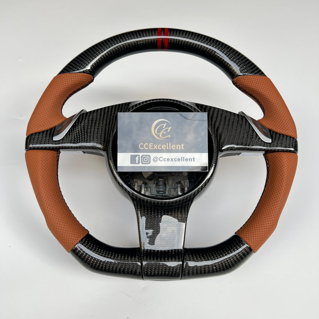 CCexcellent For Porsche Panamera 2009 2010 2011 2012 2013 2014 2015 2016 carbon fiber steering wheel with brown perforated leather sides