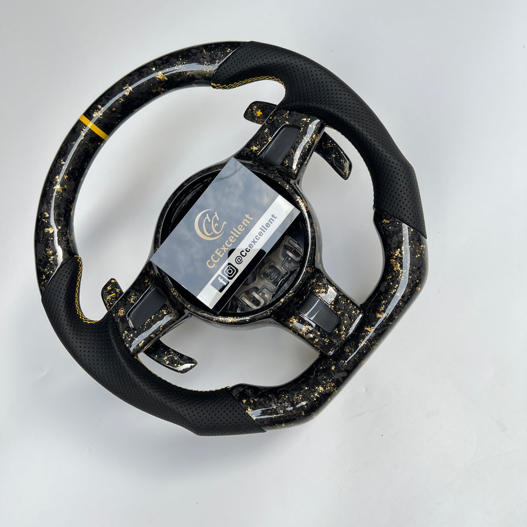CCexcellent  For Porsche  Carrera models 2012 2013 2014 2015 2016 carbon fiber steering wheel with Gloss forged carbon fiber with golden flakes top & bottom & trim