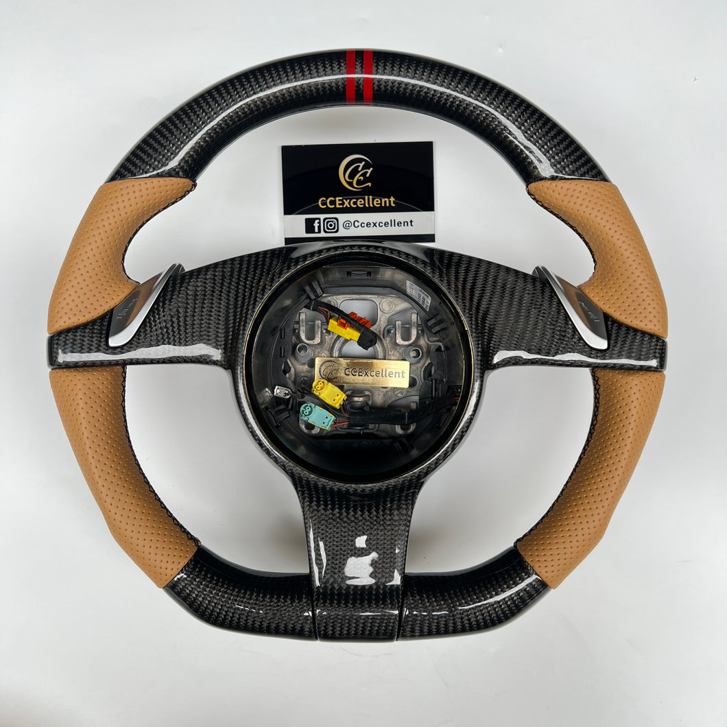 CCexcellent  For Porsche Boxster models 2013 2014 2015 2016 carbon fiber steering wheel with brown perforated leather sides