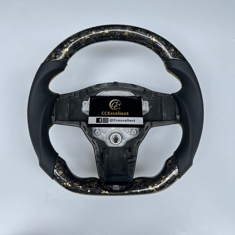 CCexcellent For Tesla Model Y carbon fiber steering wheel with gold flake forged carbon