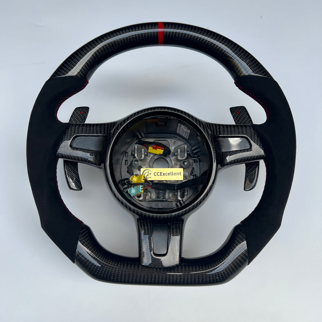 CCexcellent  For Porsche Cayman models  2013 2014 2015 2016 carbon fiber steering wheel with black Italian alcantara sides