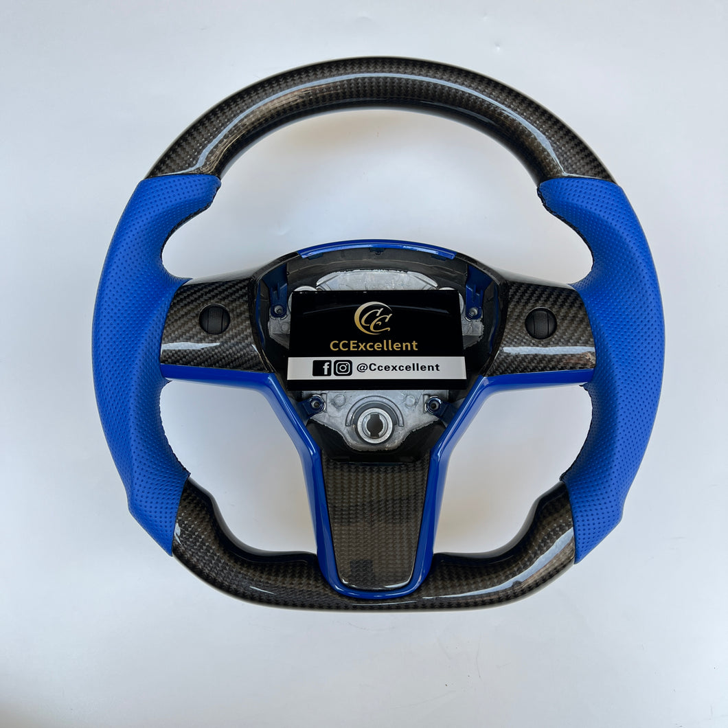 CCexcellent For Tesla Model Y carbon fiber steering wheel with blue perforated leather