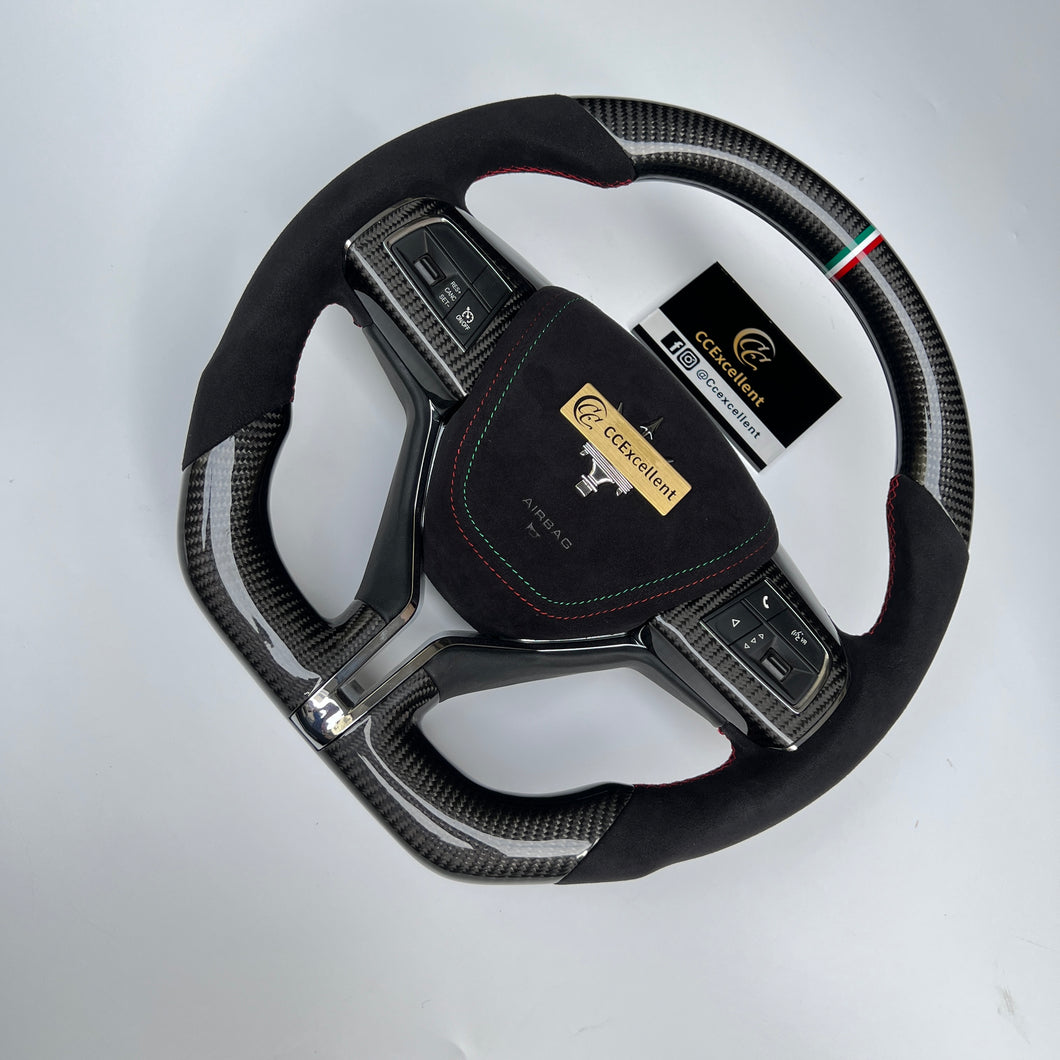 CCexcellent For Maserati Quattroporte GTS 2013 2014 2015 2016 2017 2018 2019 carbon fiber steering wheel with black Italian alcantara sides