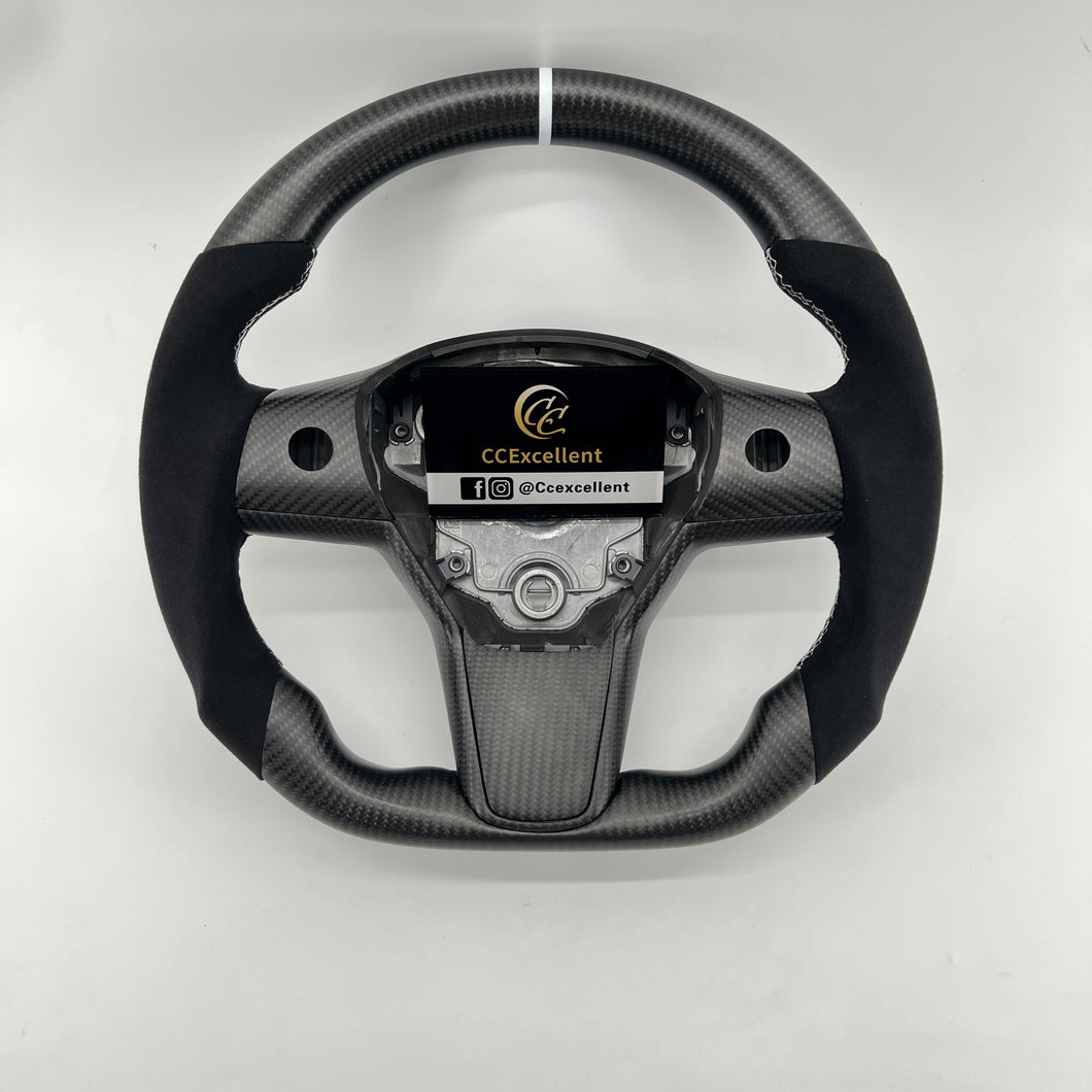 CCexcellent For Tesla Model Y steering wheel carbon fiber with black Alcantara