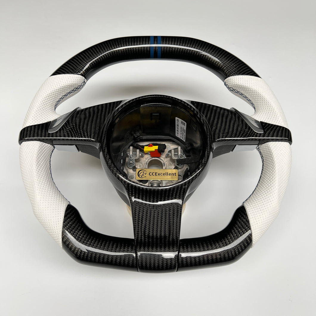 CCexcellent  For Porsche Carrera models 2012 2013 2014 2015 2016 carbon fiber steering wheel with white perforated leather sides