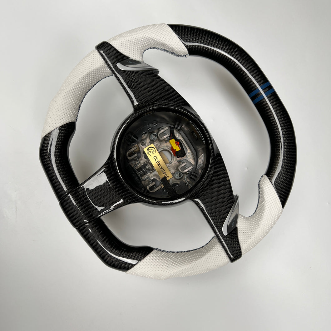 CCexcellent  For Porsche Carrera models 2012 2013 2014 2015 2016 carbon steering wheel with white perforated leather sides